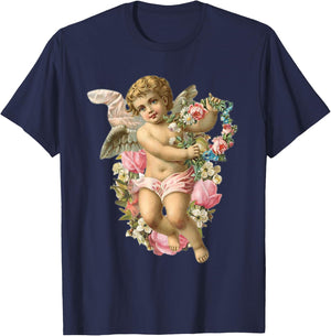 Angelic Vintage Cherub with Daisies & Pink roses T-Shirt - T-Shirt | Navy