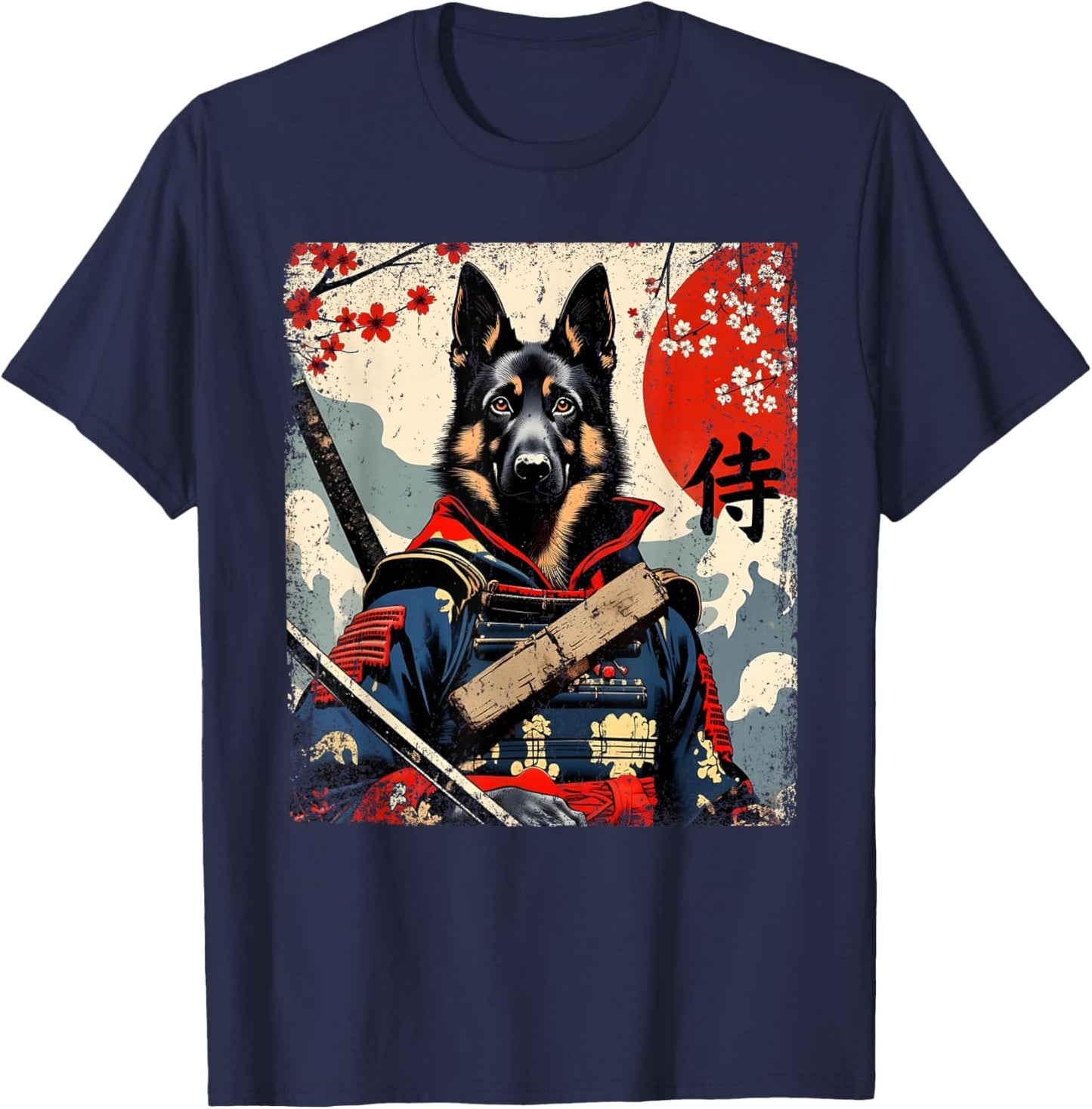 Japanese Samurai German Shepherd Kawaii Ukiyo-e Ninja Dog T-Shirt - T-Shirt | Navy