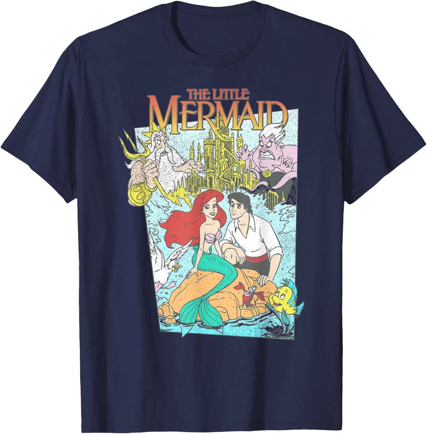 Disney The Little Mermaid Vintage Retro Movie Cover Graphic T-Shirt - T-Shirt | Navy
