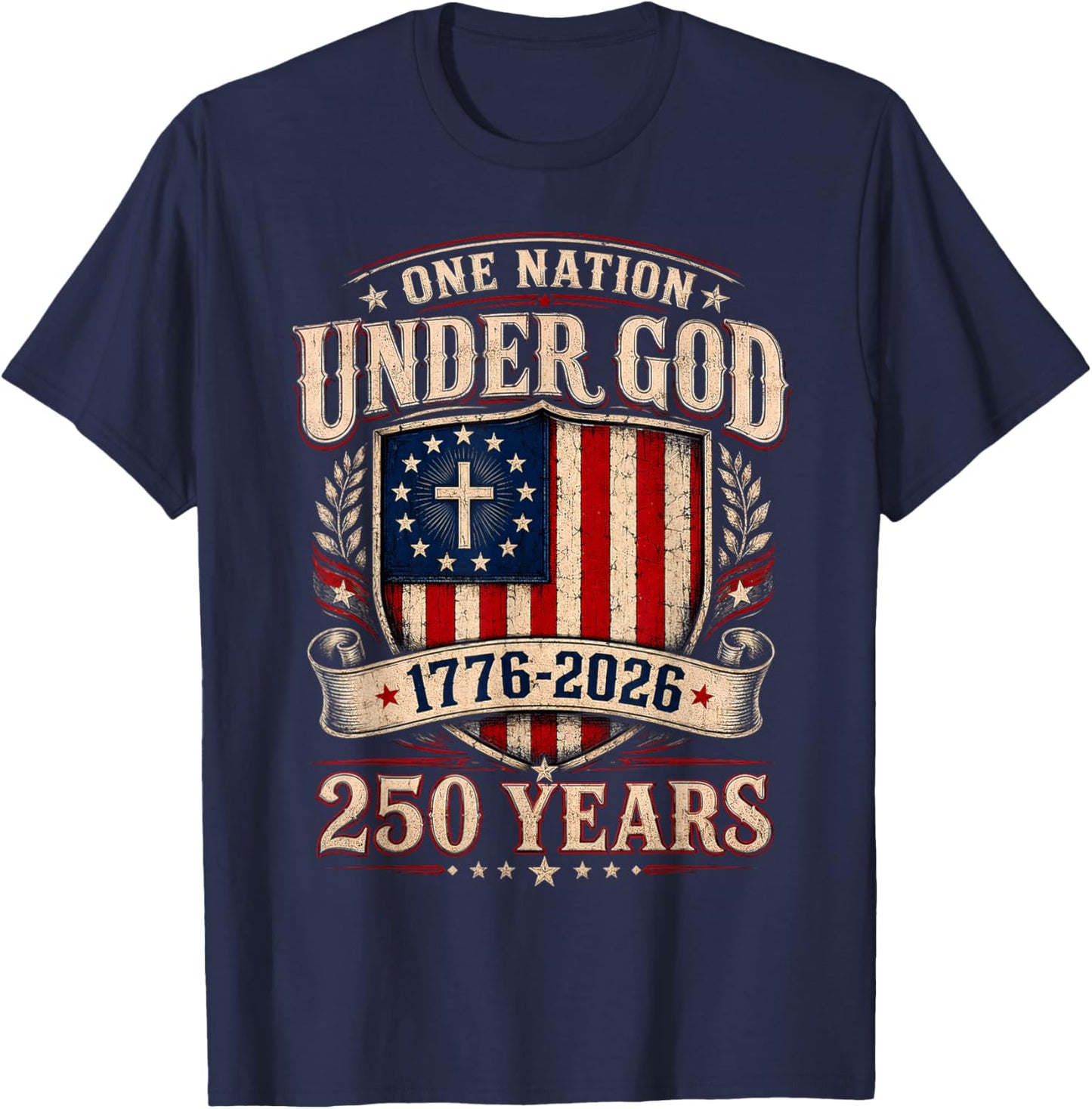 One Nation Under God 1776 2026 Patriotic USA Flag T-Shirt - T-Shirt | Navy