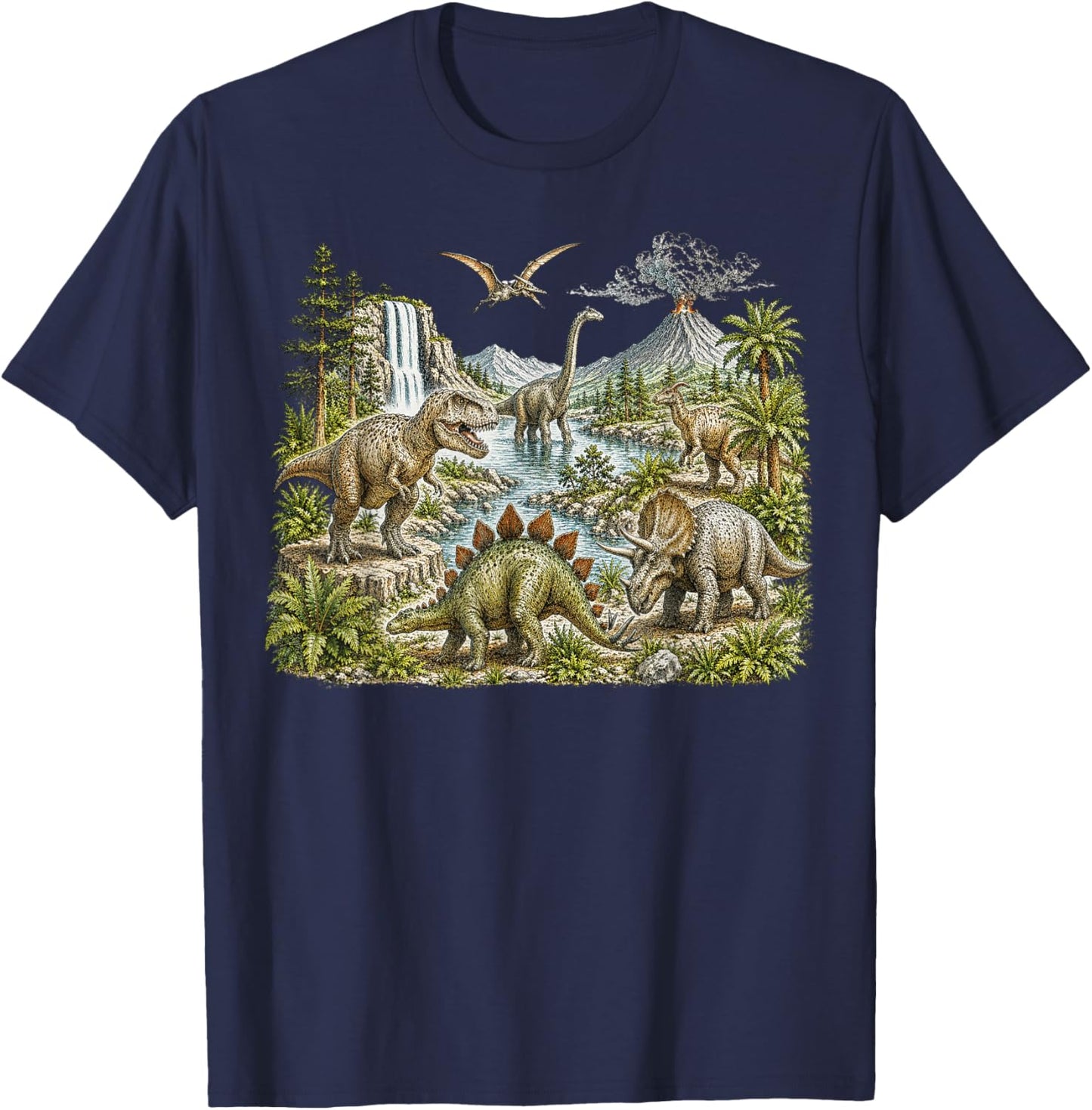 Vintage Dinosaur Landscape, Jurassic Era T Rex T-Shirt - T-Shirt | Navy