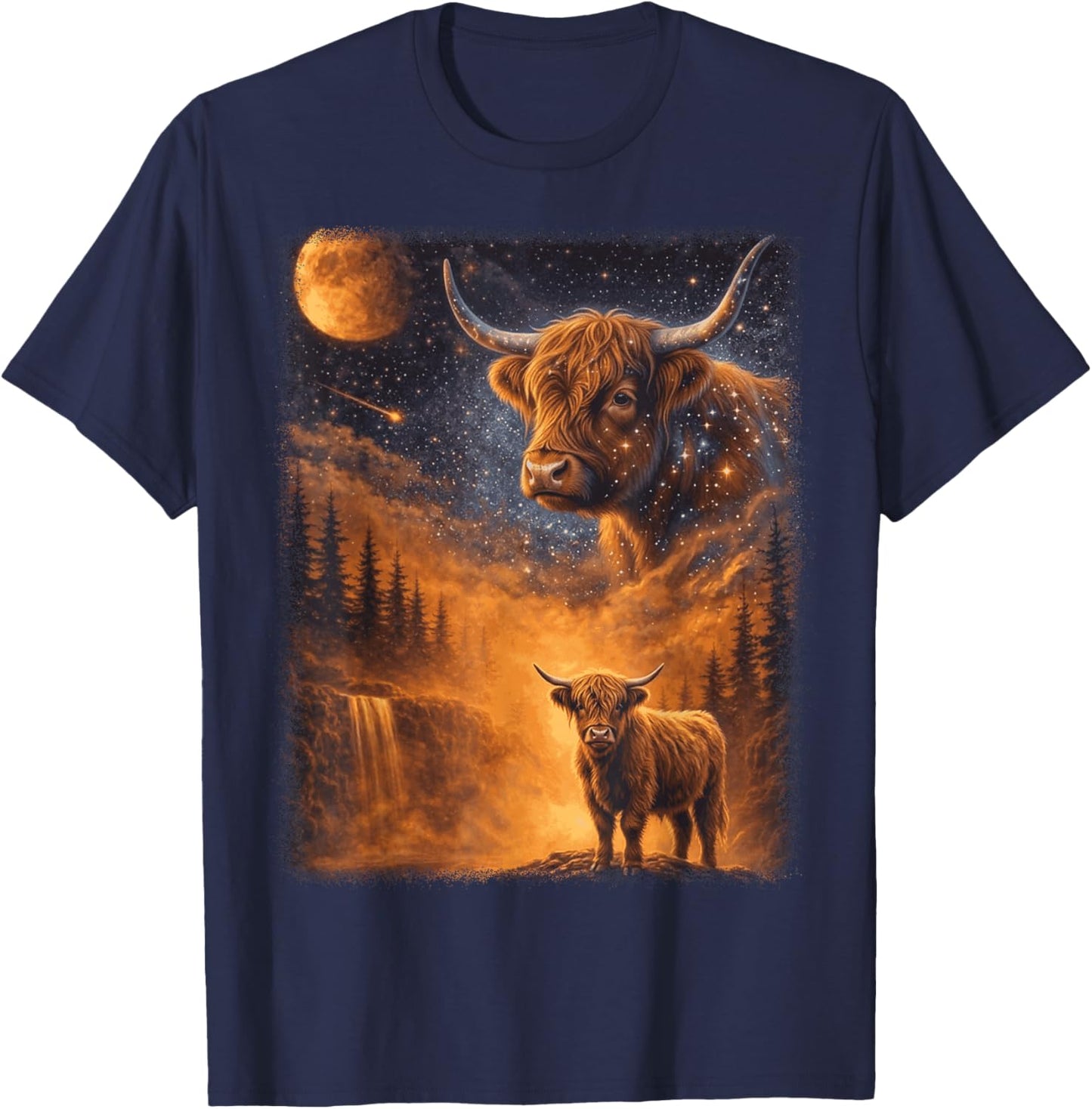 Highland Cow Howling to The Moon Funny Meme 90s Animal Lover T-Shirt - T-Shirt | Navy