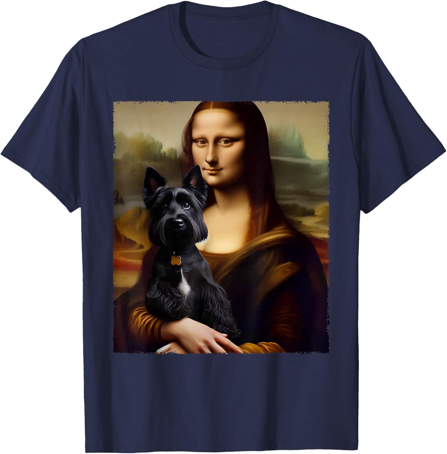 Mona Lisa Holding Scottish Terrier Portrait Art Dog Lover T-Shirt - T-Shirt | Navy