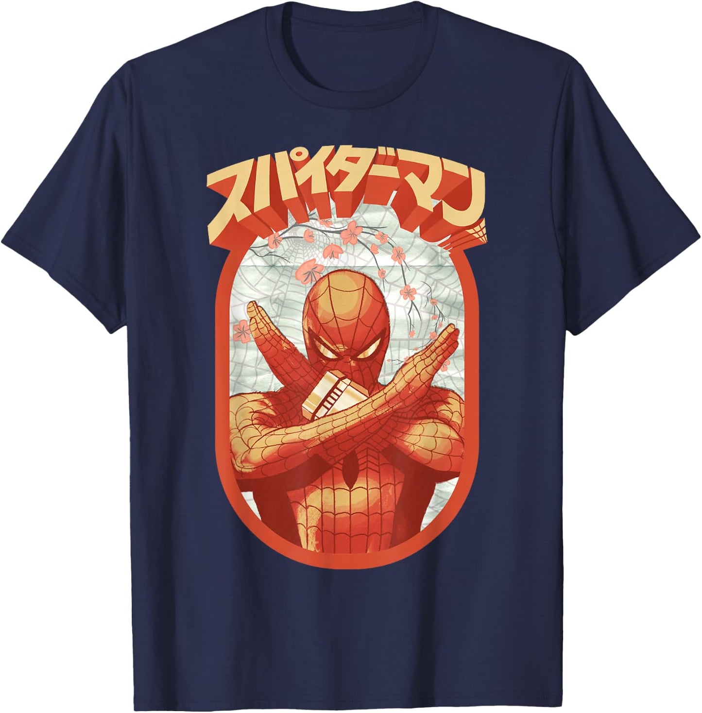 Marvel Spider-Man Retro Floral Kanji Poster Small T-Shirt - T-Shirt | Navy