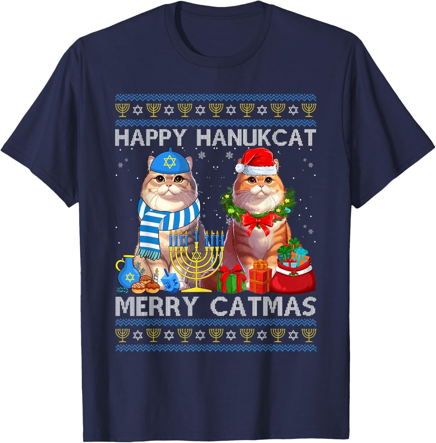Happy Hanukcat Merry Catmas Ugly Christmas Chanukah Sweater Women Kids T-Shirt - T-Shirt | Navy