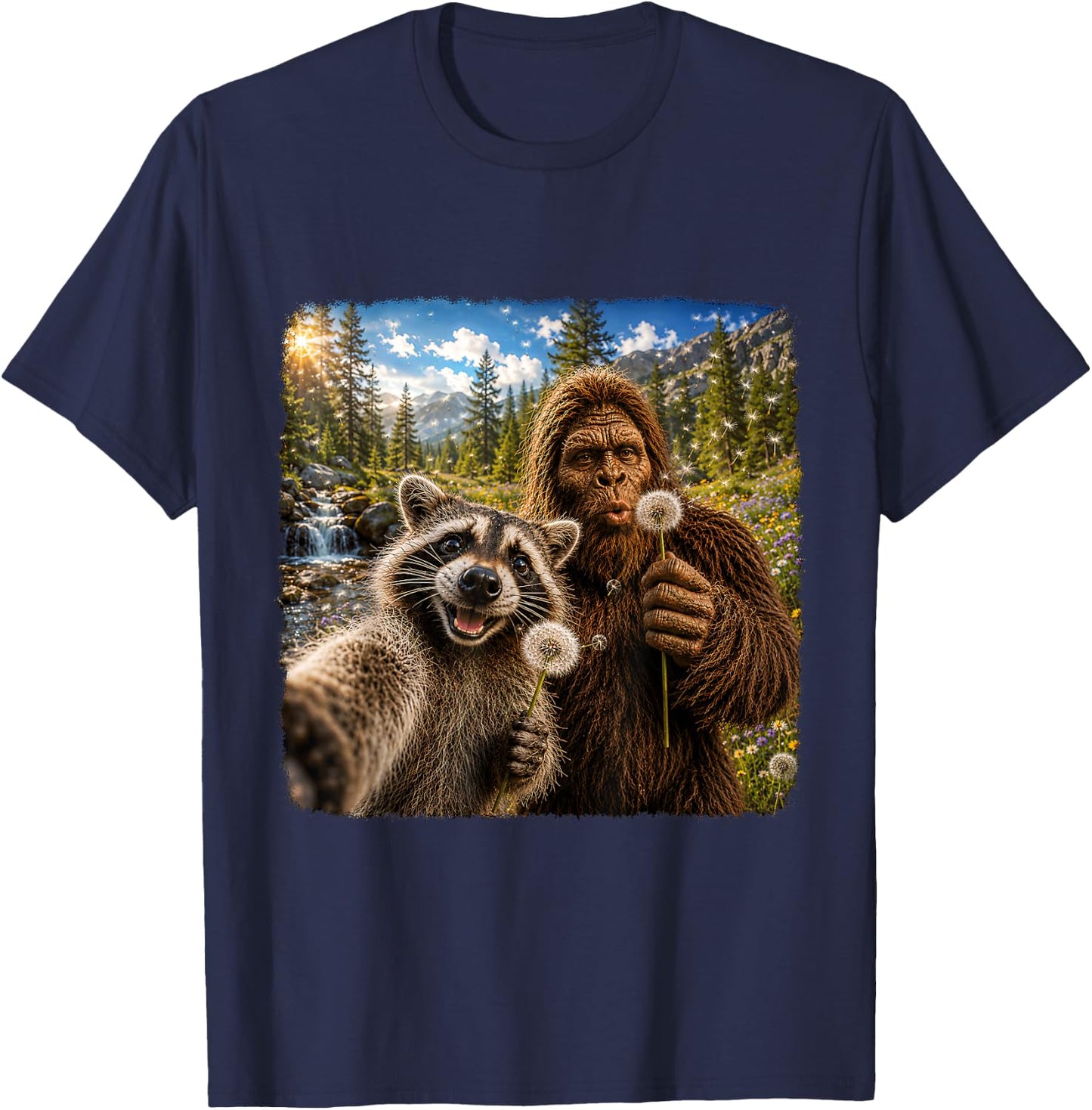 Funny Sasquatch Raccoon Dandelion Nature Lover Graphic T-Shirt - T-Shirt | Navy