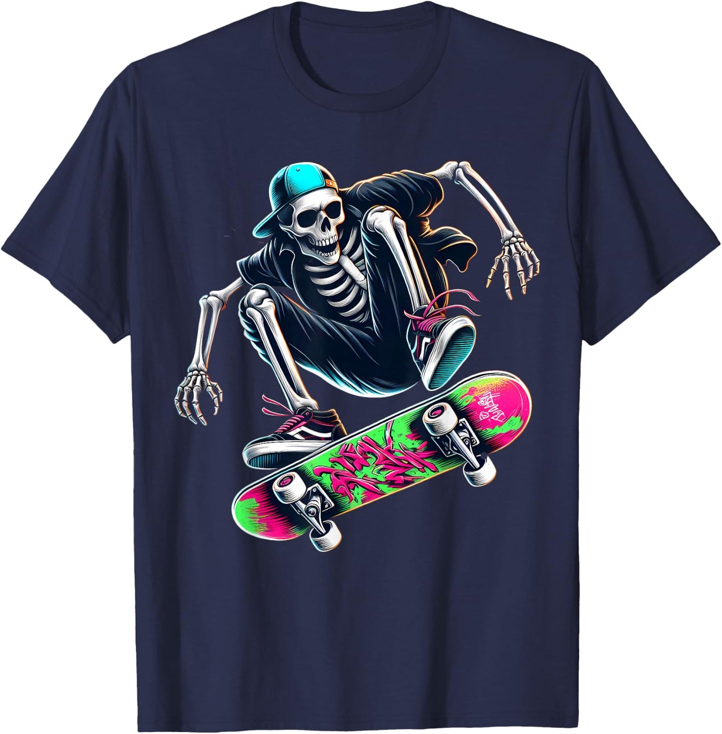 Skater Skeleton Modern Trick Skating Skateboard Street Style T-Shirt - T-Shirt | Navy