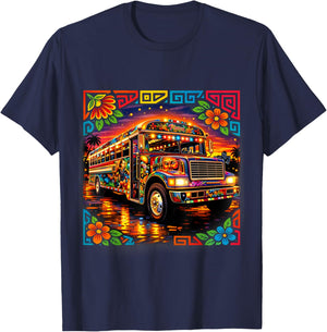Diablo Rojo Bus Inspired by Mola Art Panama Cultural Design T-Shirt - T-Shirt | Navy