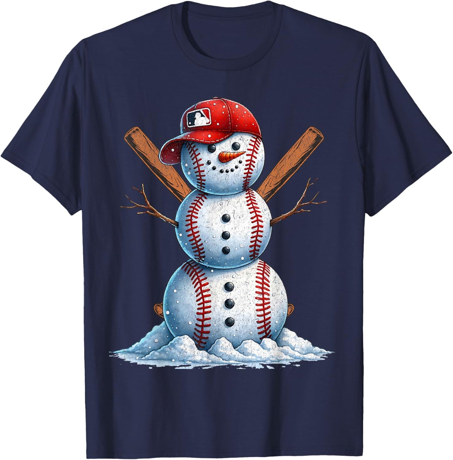 Baseball Snowman Balls Snow Christmas Xmas Men Women Player T-Shirt - T-Shirt | Navy