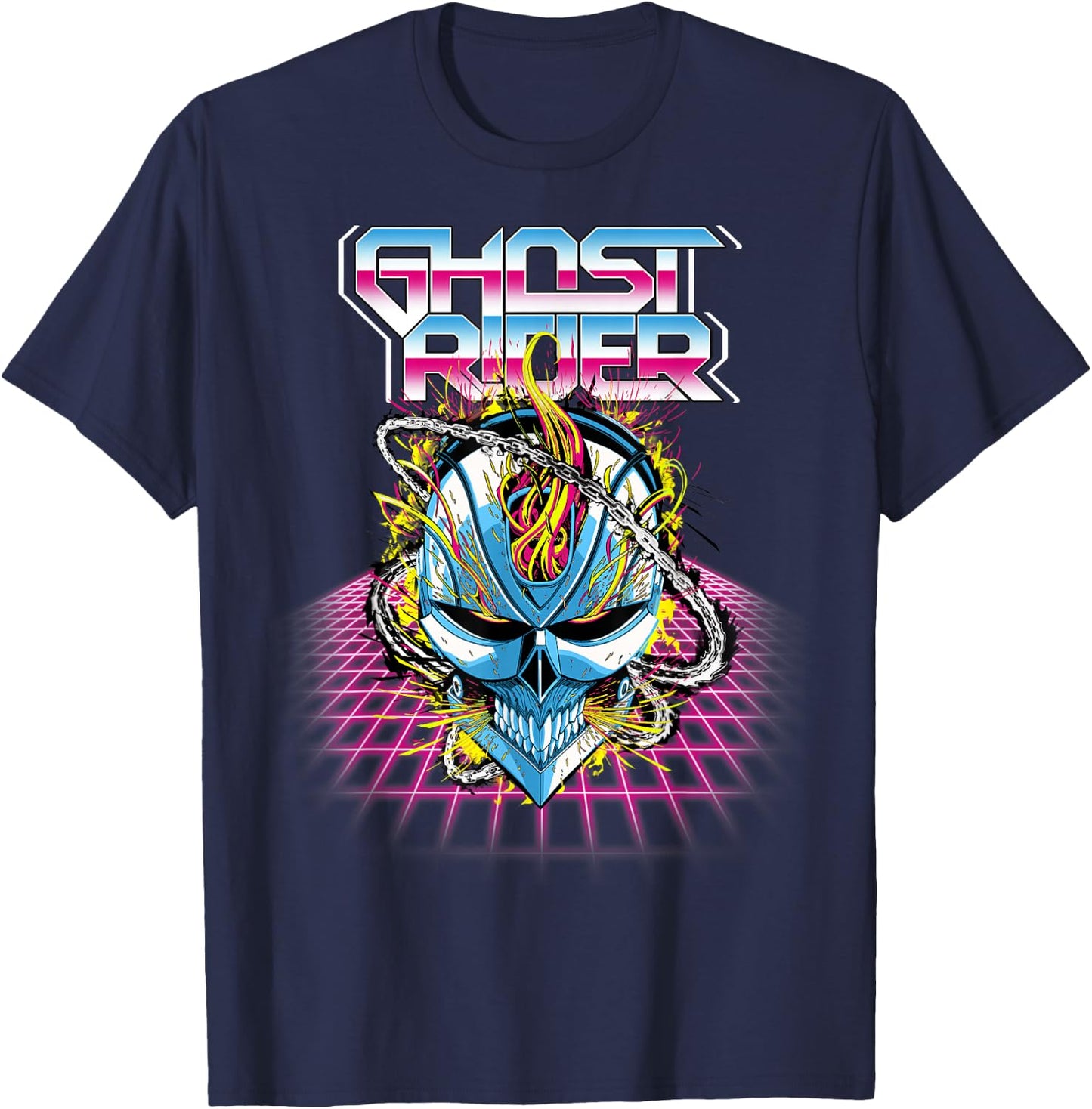 Marvel Ghost Rider Super 80s Retro Neon Grid Graphic T-Shirt - T-Shirt | Navy