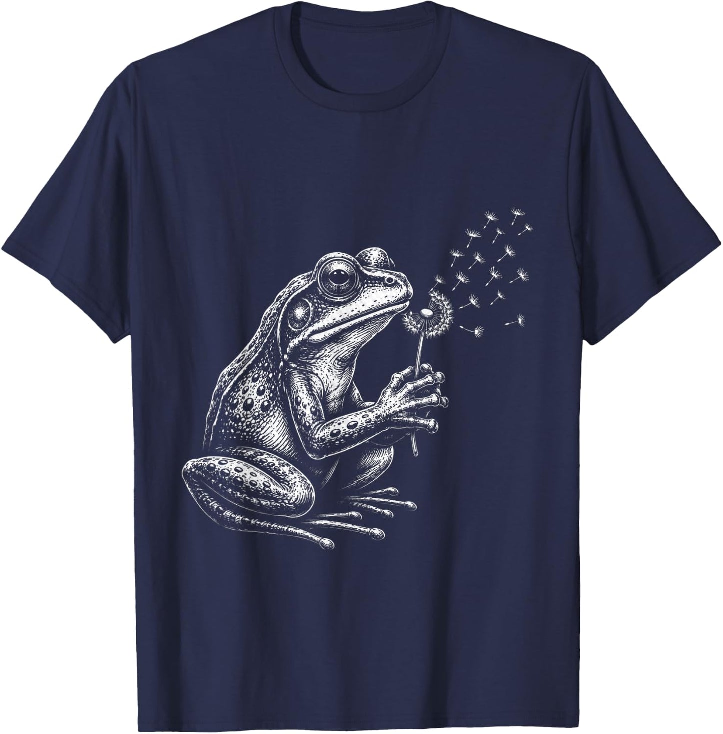 Blowing Wishes Frog Blowing Dandelion Vintage Art T-Shirt - T-Shirt | Navy