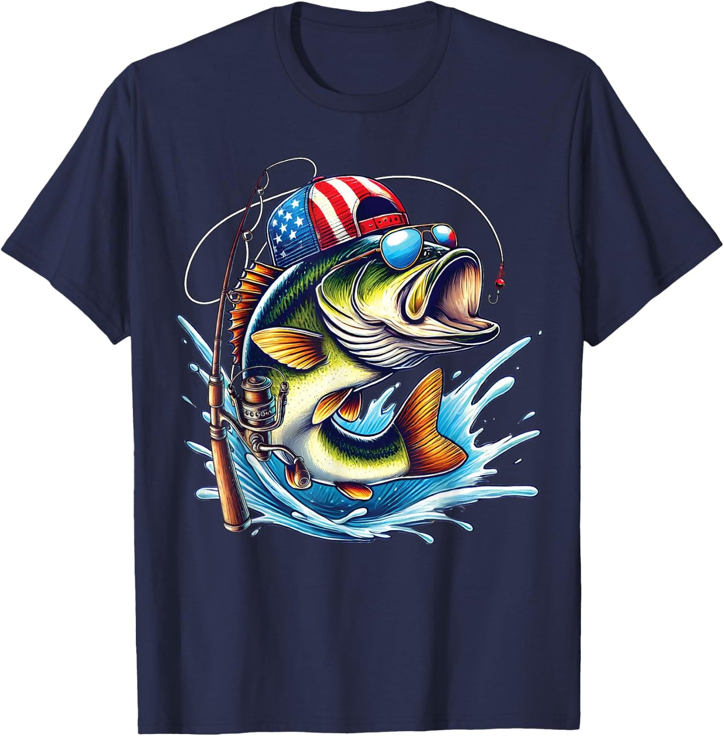 American Flag Fishing Lovers Fisherman Funny Fishing USA T-Shirt - T-Shirt | Navy