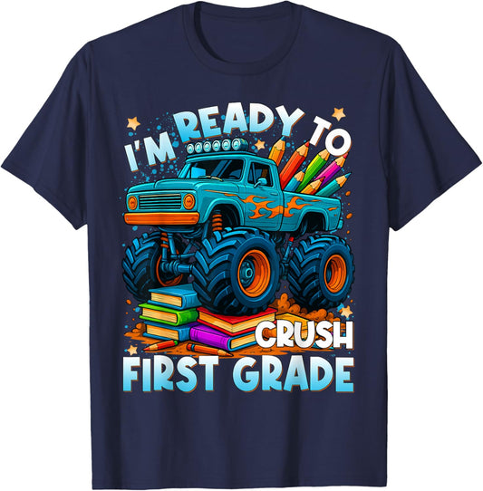 Back to School Ready to Crush 1st Grade Monster Truck Boys T-Shirt - T-Shirt | Navy