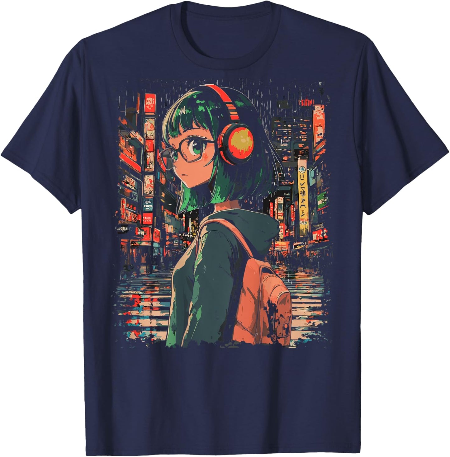 Anime Girl Japan Back Printed Graphic T-Shirt - T-Shirt | Navy