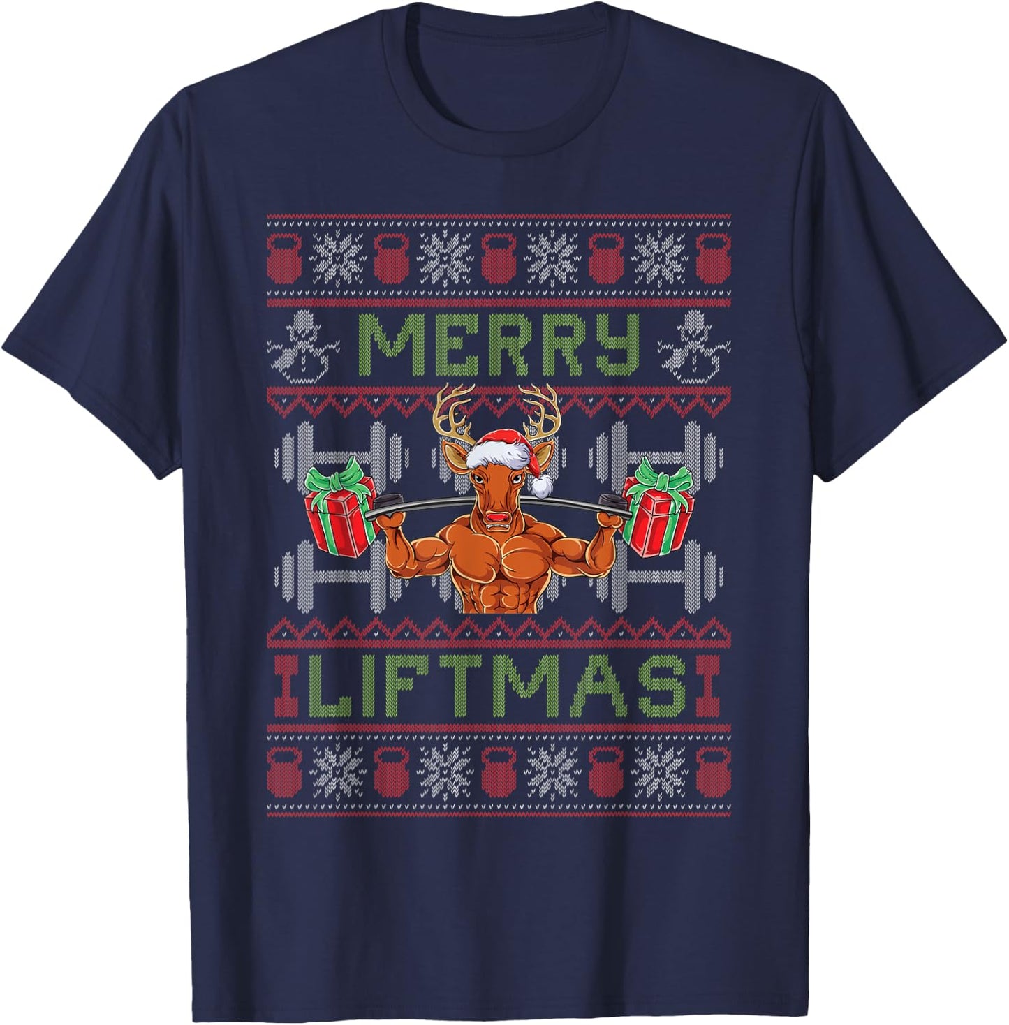 Merry Liftmas - Fitness Reindeer Santa Christmas Bodybuilder T-Shirt - T-Shirt | Navy