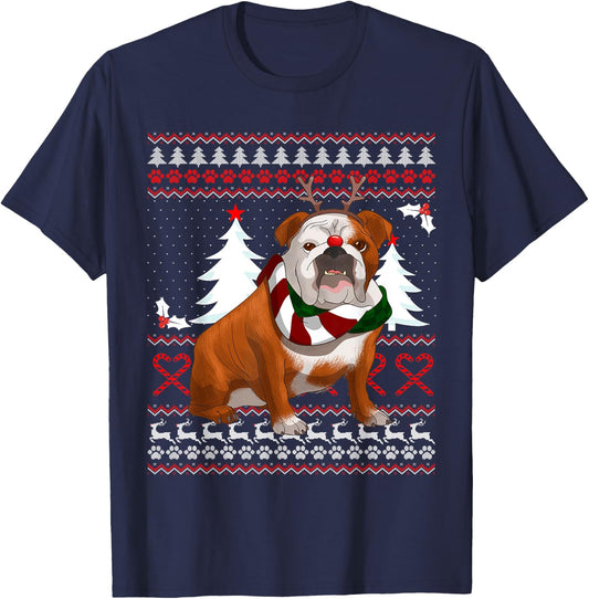 Cute English Bulldog Christmas Shirt Funny Xmas Gift Men Women T-Shirt - T-Shirt | Navy