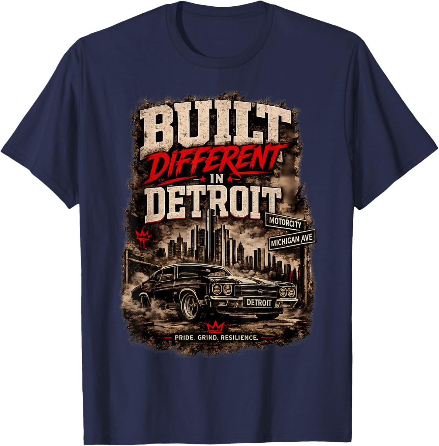 Built Different in Detroit Vintage Muscle Car T-Shirt - T-Shirt | Navy