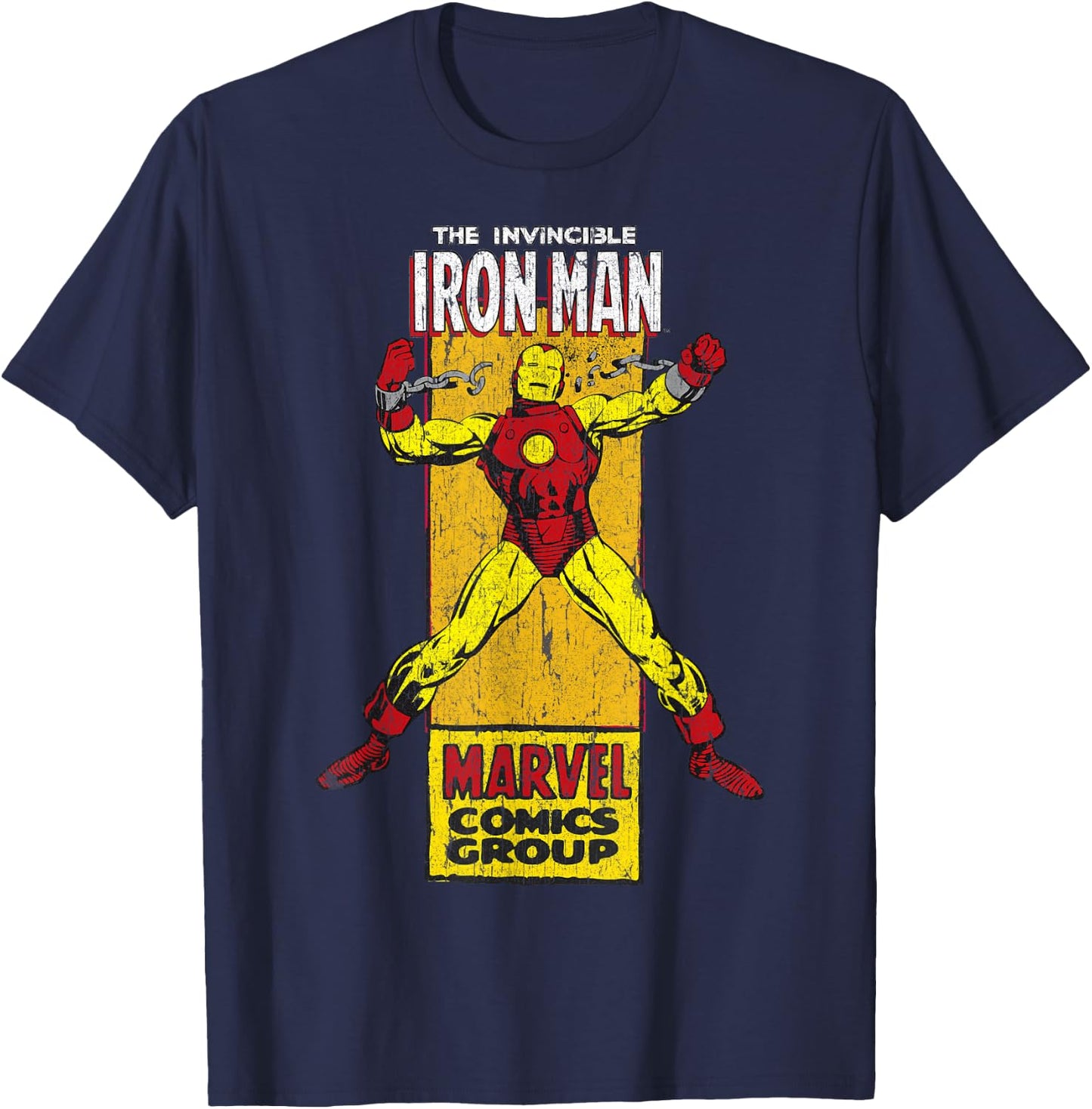 Marvel The Invincible Iron Man Retro Comic Side Panel Stamp T-Shirt - T-Shirt | Navy