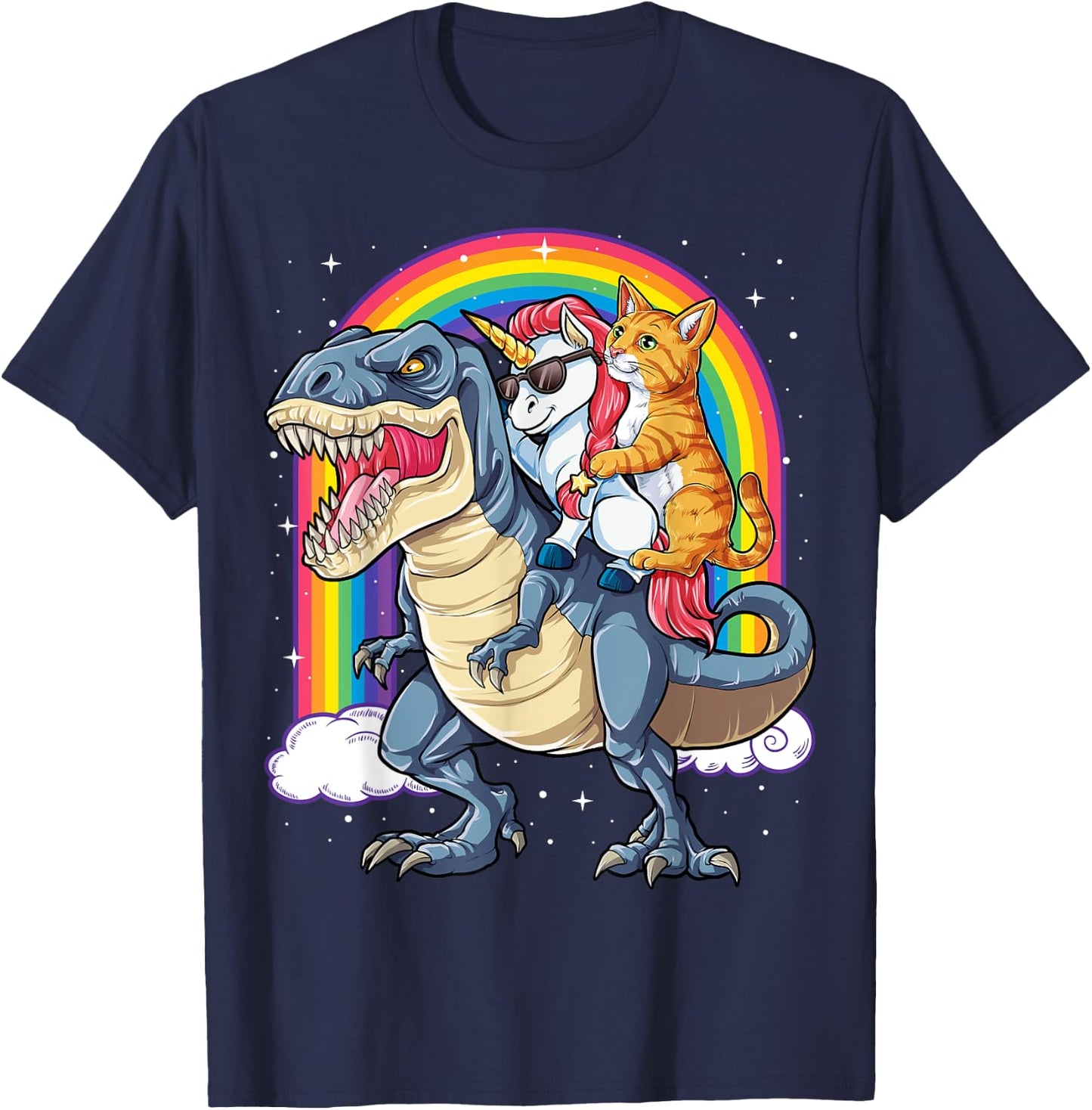 Cat Unicorn Riding Dinosaur T rex Kitten Lover Space Galaxy Women Kids T-Shirt - T-Shirt | Navy