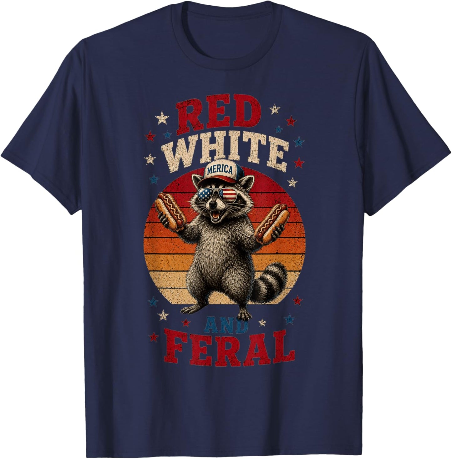 Preppy Red White and Feral Raccoon 4th of July Men Women Kid T-Shirt - T-Shirt | Navy
