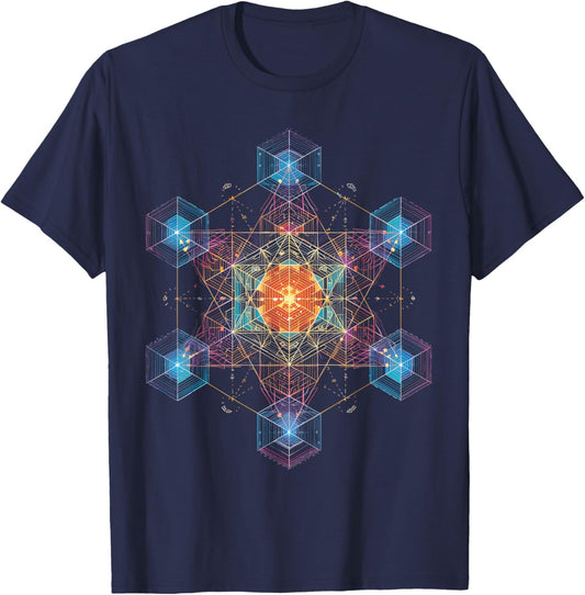 Metatron Cube Sacred Geometry T-Shirt - T-Shirt | Navy