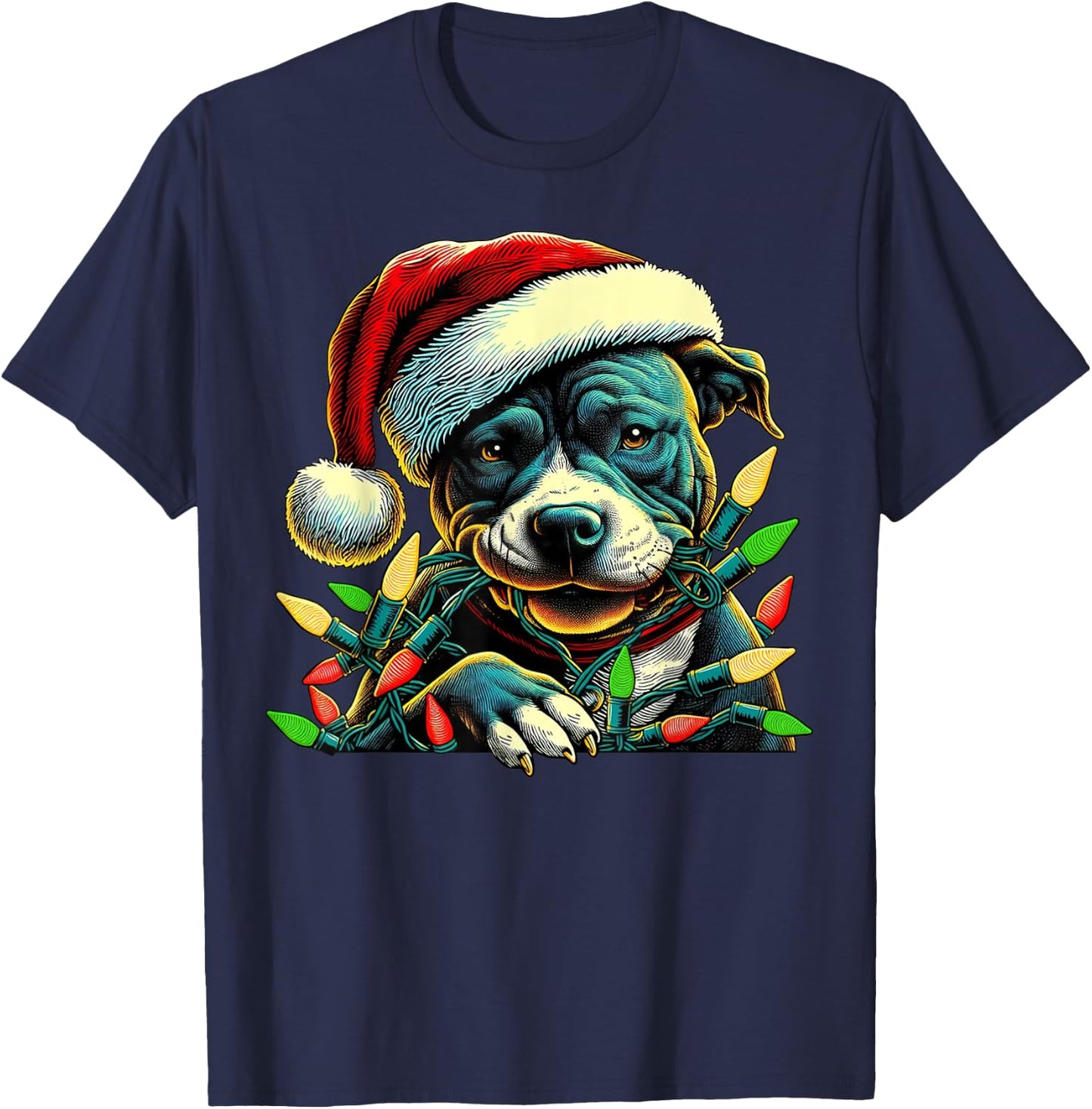 Pit Bull Chew Christmas Light Pitbull Xmas Funny Holiday T-Shirt - T-Shirt | Navy