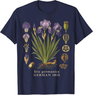German Iris Botanical Anatomy Vintage Floral Study T-Shirt - T-Shirt | Navy