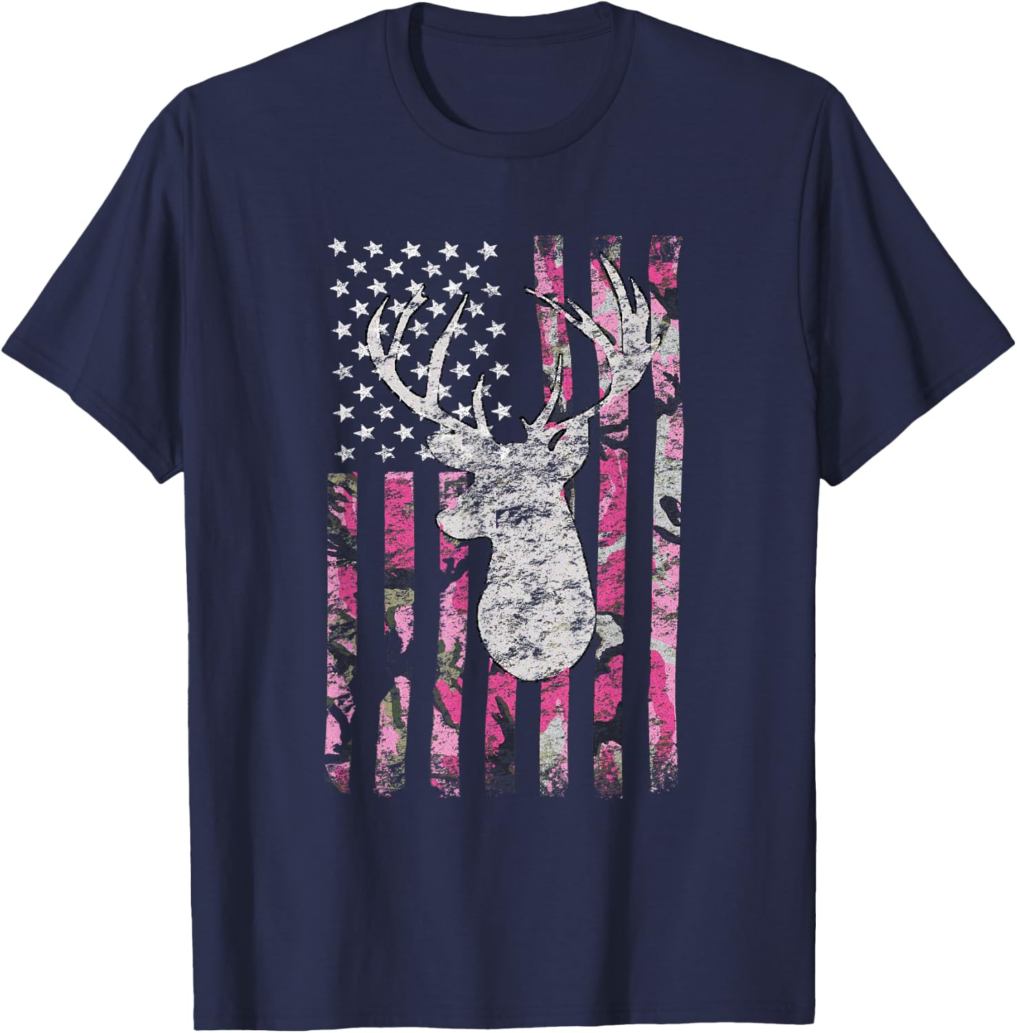 Deer Hunting Camo American Flag Pink Buck T-Shirt - T-Shirt | Navy