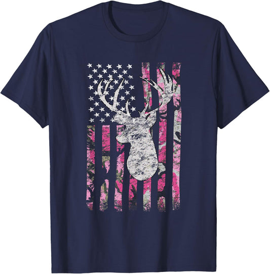 Deer Hunting Camo American Flag Pink Buck T-Shirt - T-Shirt | Navy