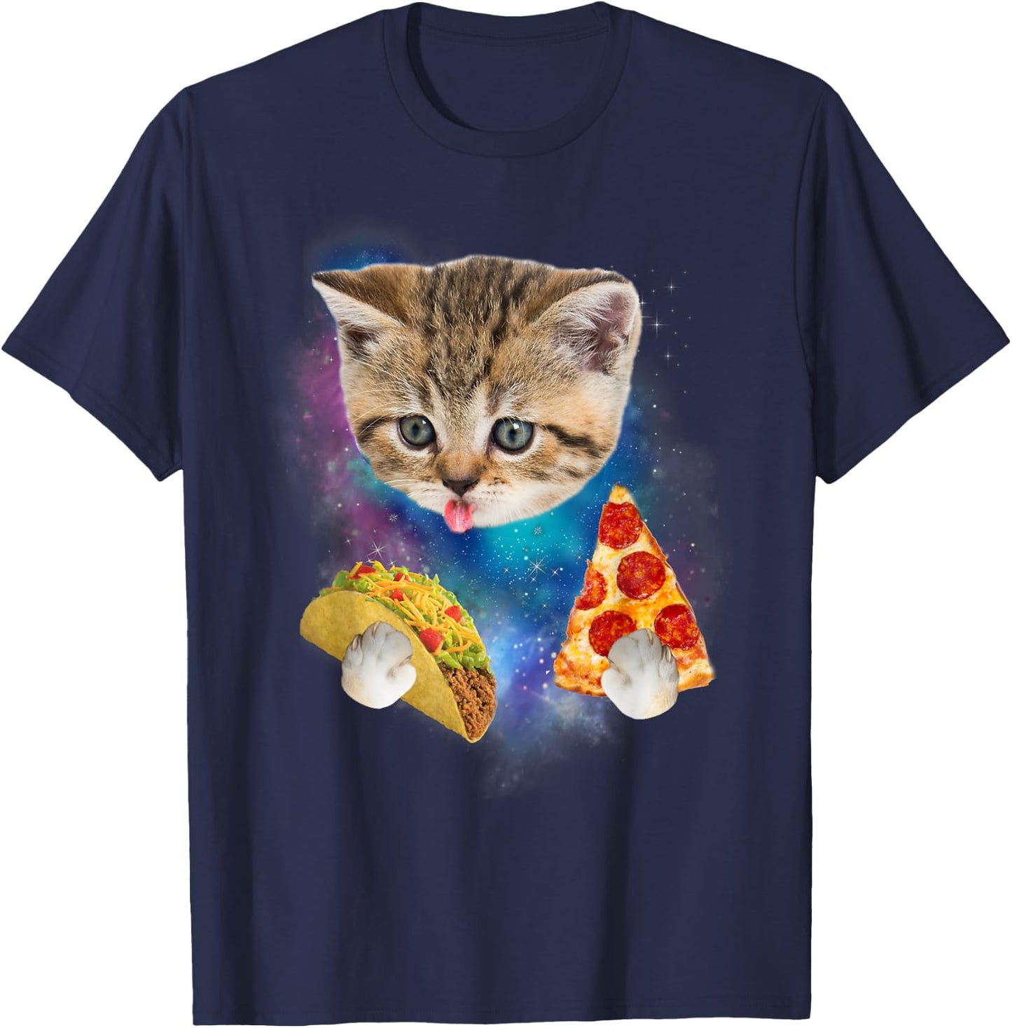 Funny Galaxy Taco Cat | Space Cat Eat Pizza and Taco T-Shirt - T-Shirt | Navy