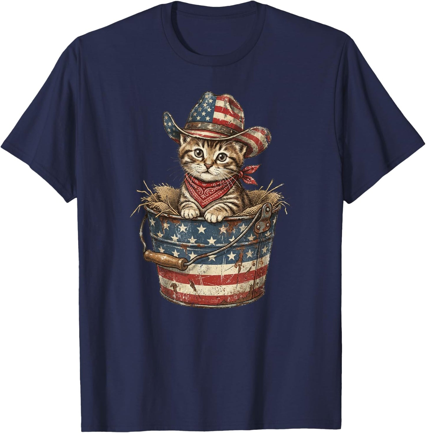 Vintage Cowboy Cat American Flag 4th of July T-Shirt - T-Shirt | Navy
