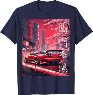 Vintage JDM Drift Race Tuned Car Kanji Tokyo Retro Sunset T-Shirt - T-Shirt | Navy