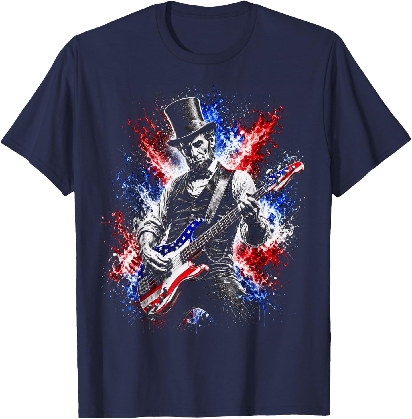 abe Lincoln Playing Guitar USA Flag 4th July Lincoln Guitar T-Shirt - T-Shirt | Navy