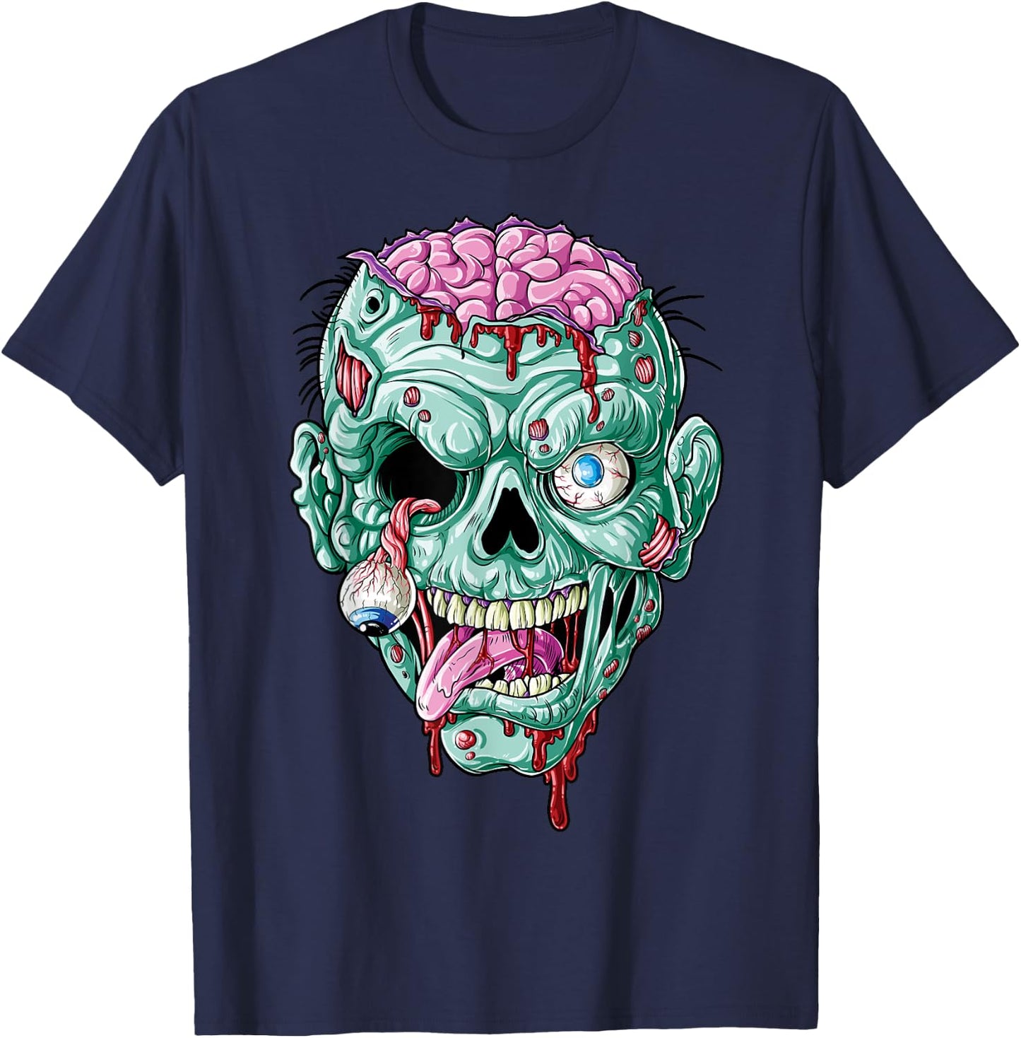 Zombie Face Brain Halloween Boys Men Women Girls Scary Funny T-Shirt - T-Shirt | Navy