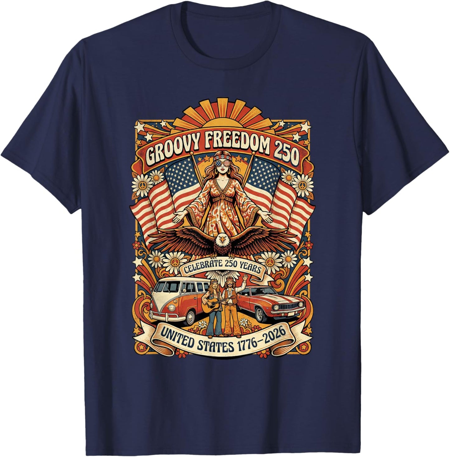 United States 1776 2026 Flower Power Roadtrip Design T-Shirt - T-Shirt | Navy
