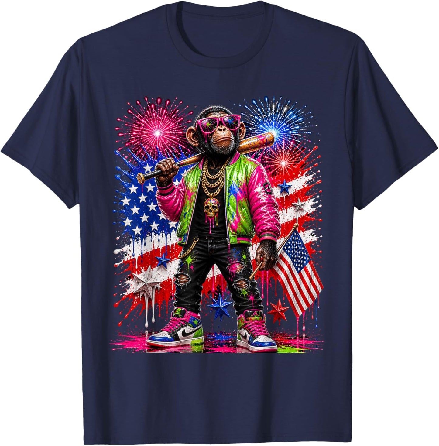 Monkey Baseball Drip Funny 4th of July Animal Graphic USA T-Shirt - T-Shirt | Navy