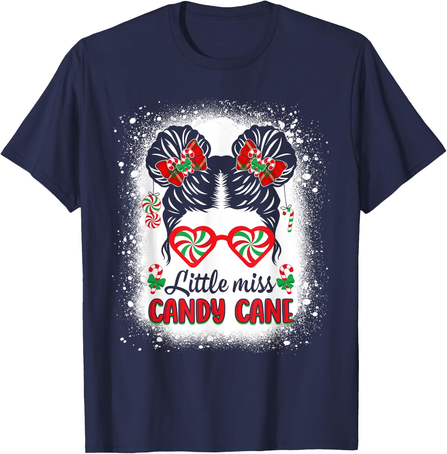 Littles Miss Candy Cane Bow Messy Bun Santa Christmas Party T-Shirt - T-Shirt | Navy
