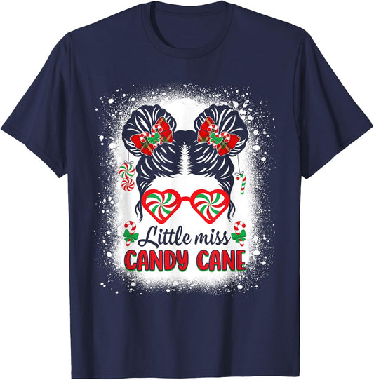Littles Miss Candy Cane Bow Messy Bun Santa Christmas Party T-Shirt - T-Shirt | Navy