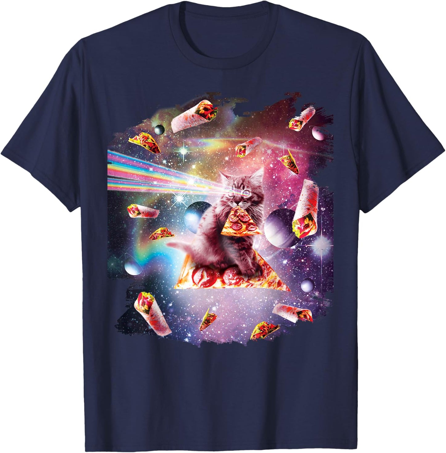 Outer Space Pizza Cat - Rainbow Laser, Taco, Burrito T-Shirt - T-Shirt | Navy