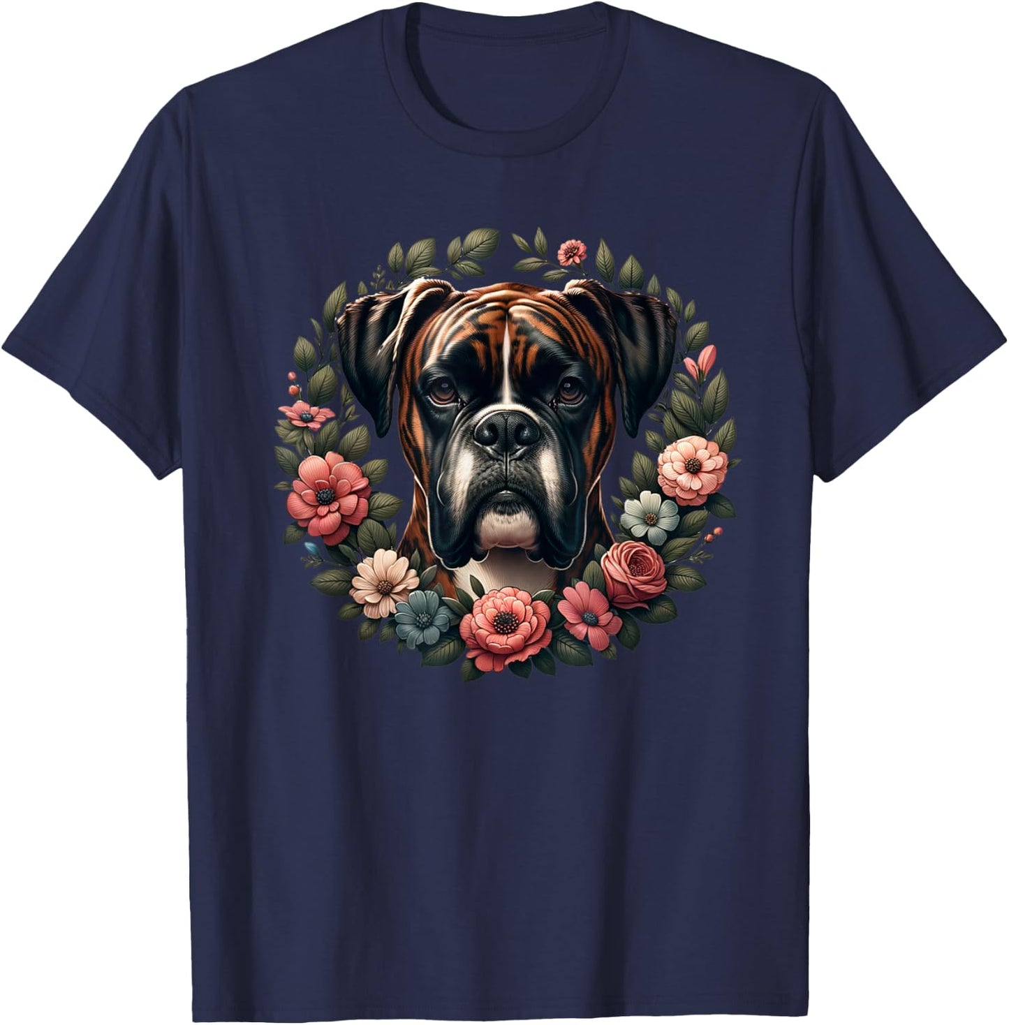 Adults & Kids Retro Floral Wreath Boxer Dog Lover - Black, Small, Short Sleeve T-Shirt - T-Shirt | Navy