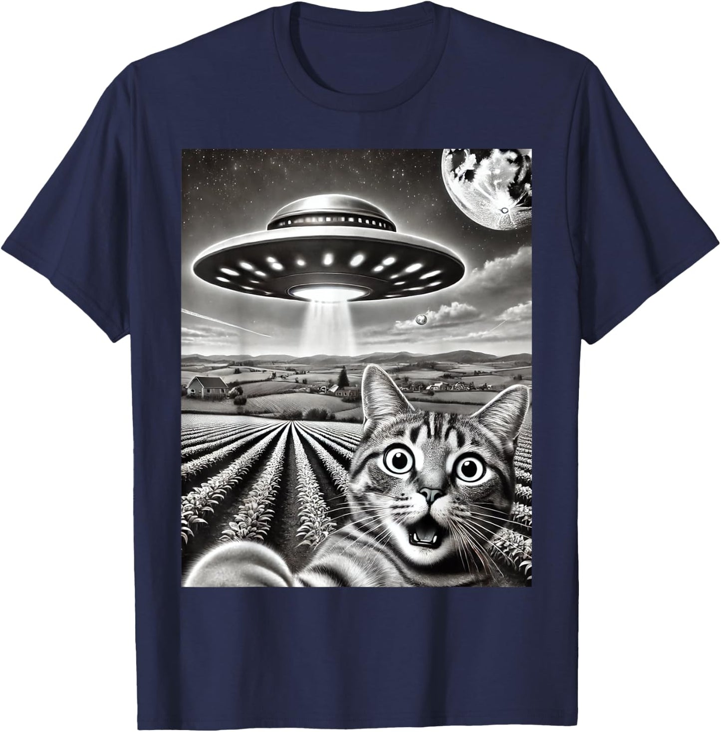 Cat Selfie With Alien UFO Funny Cat Weird Graphic Men Women Kids T-Shirt - T-Shirt | Navy