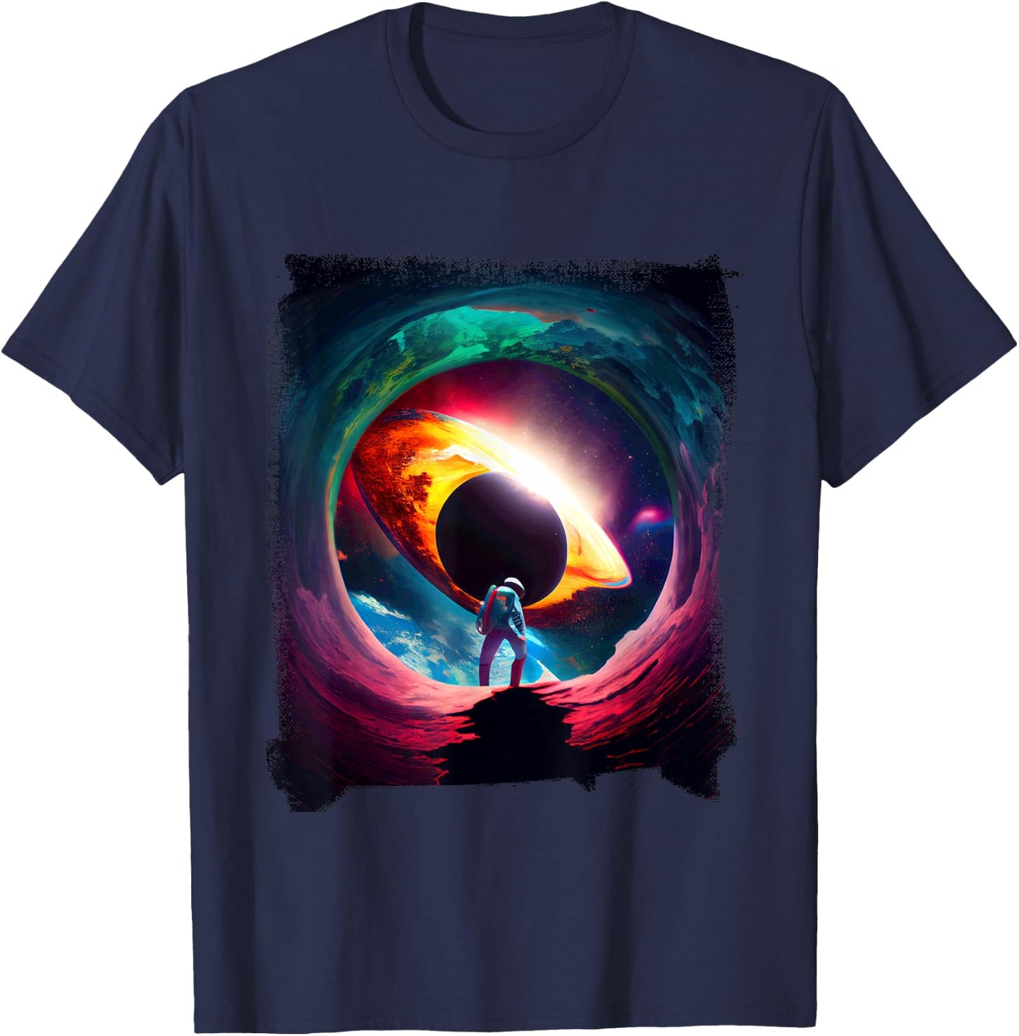 Vibrant Cosmic Astronaut Black Hole T-Shirt - T-Shirt | Navy