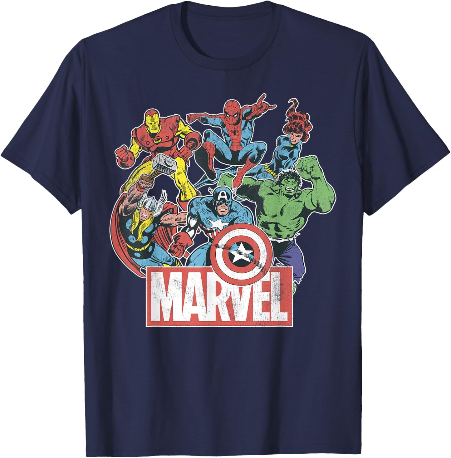 Marvel Avengers Team Retro Comic Vintage Graphic Small T-Shirt - T-Shirt | Navy