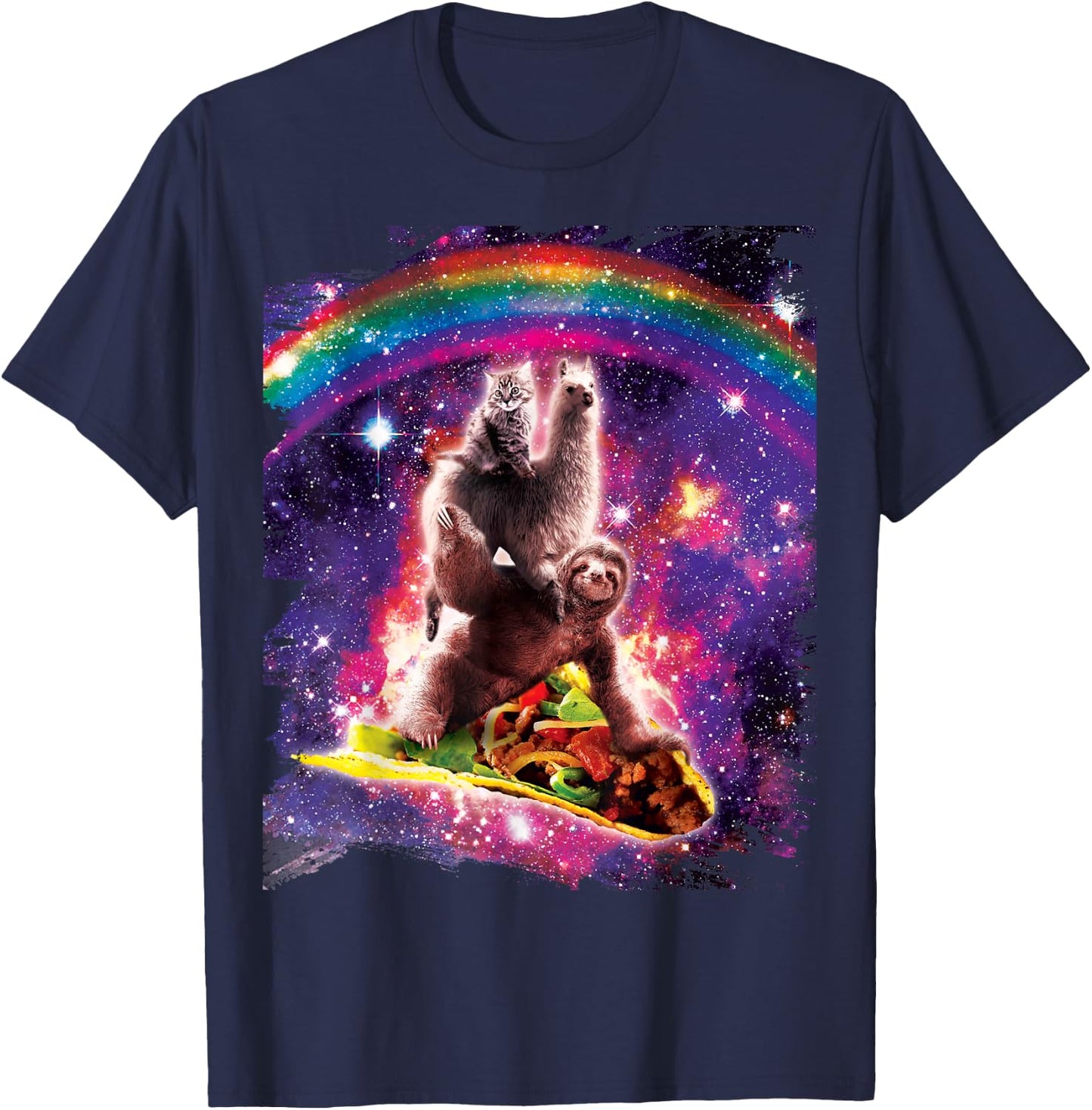 Space Cat Llama Sloth Riding Taco T-Shirt - T-Shirt | Navy