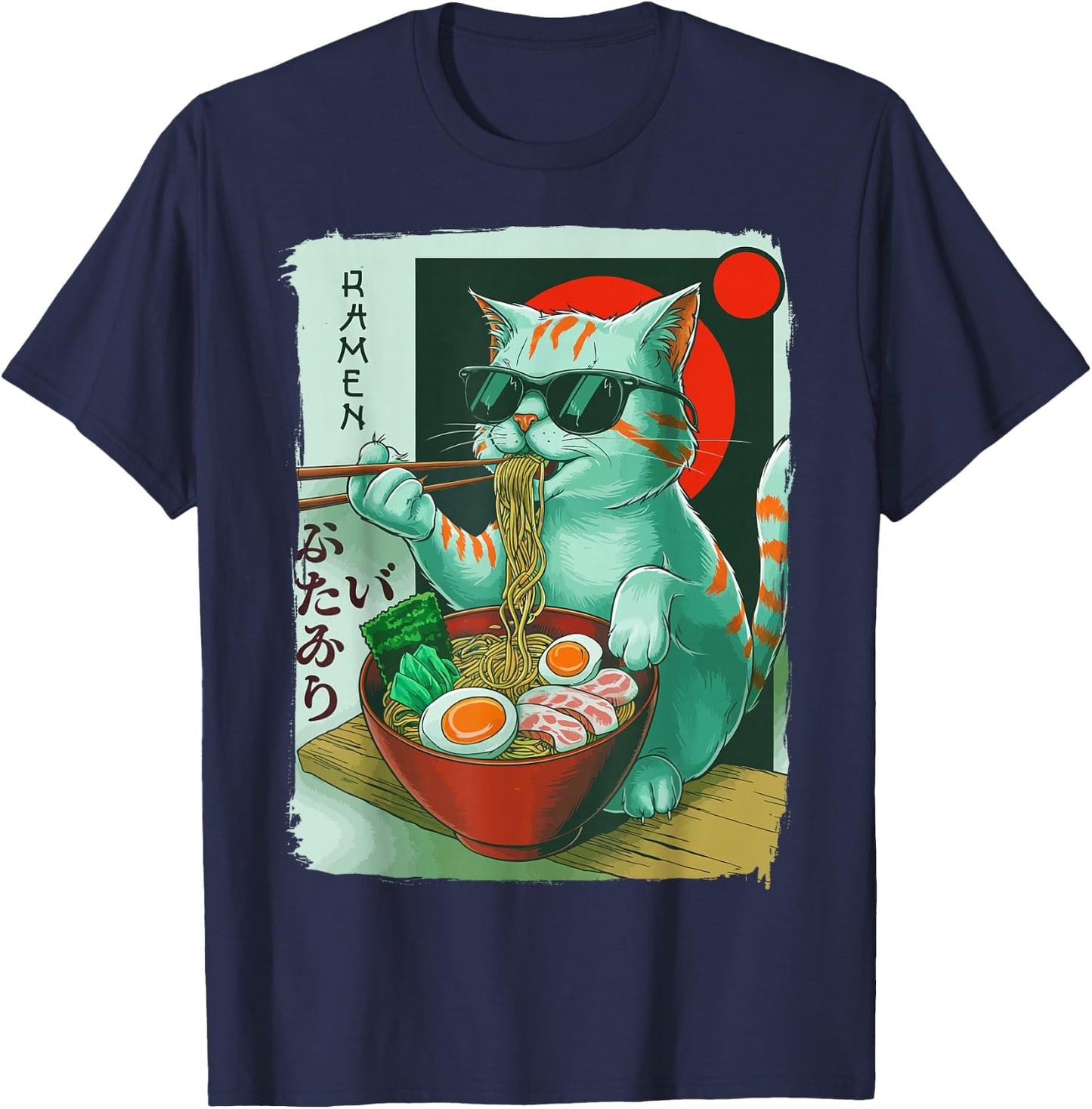 Funny Cat Eating Ramen Graphic Japanese Kawaii Otaku Anime T-Shirt - T-Shirt | Navy