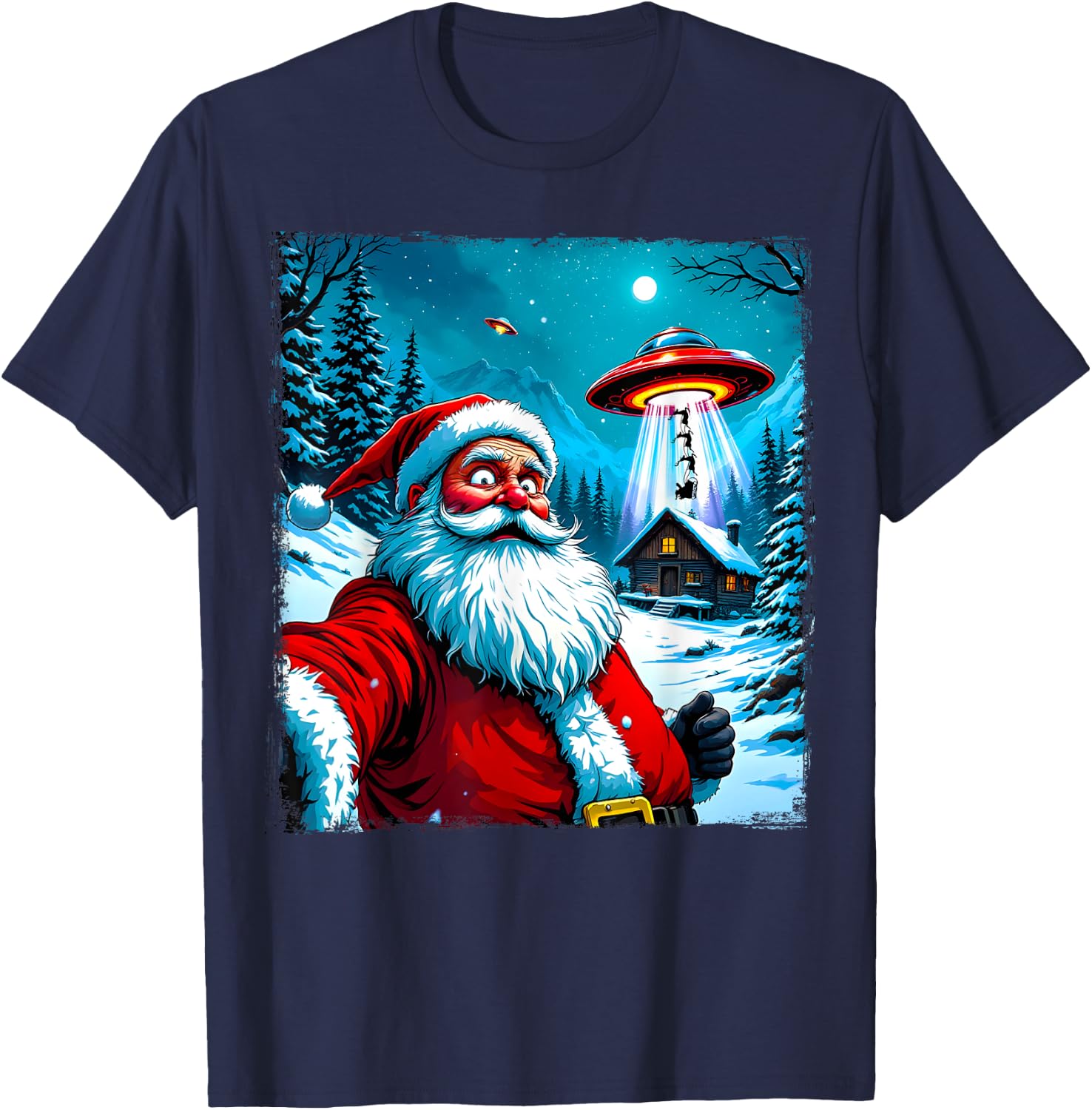Santa Claus Alien Abduction Christmas UFO Encounter Cartoon T-Shirt - T-Shirt | Navy