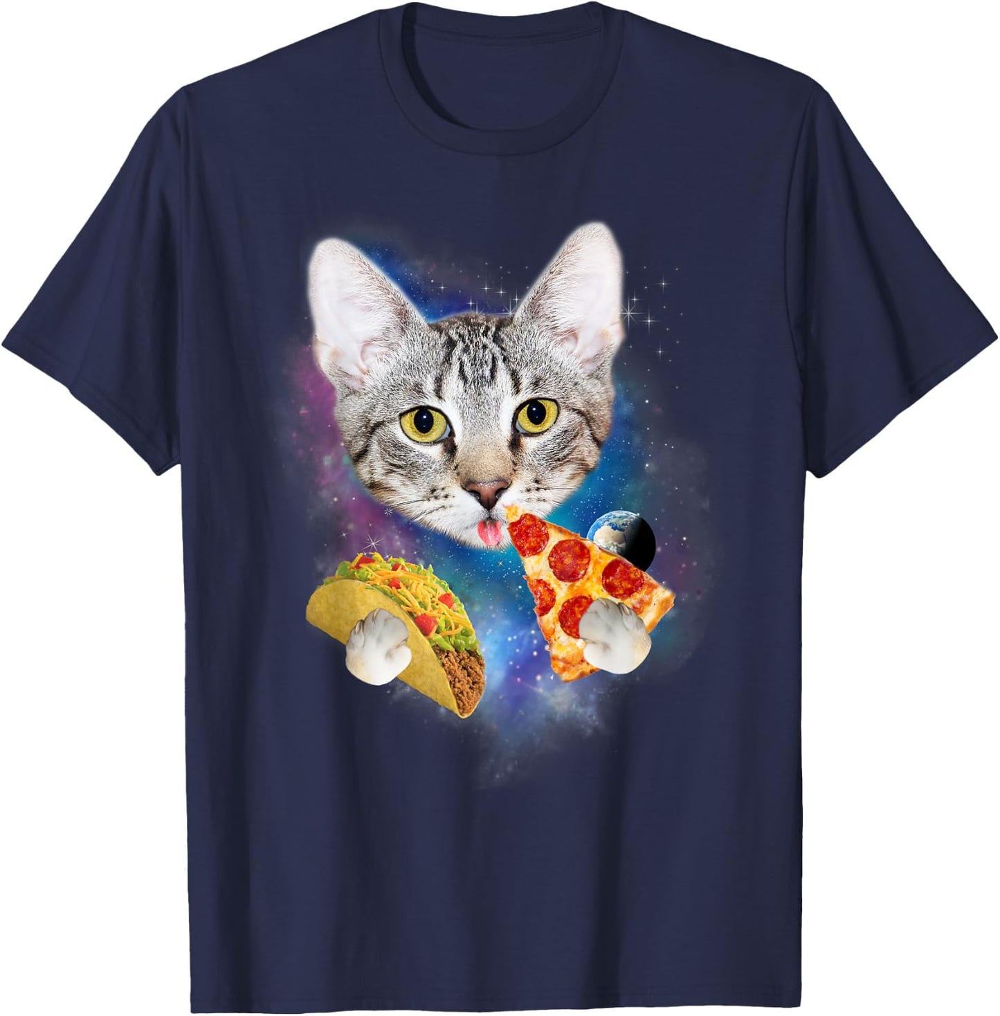 Funny Galaxy Cat Shirt | Space Cat Eat Pizza and Taco Shirt Men Women Kids T-Shirt - T-Shirt | Navy