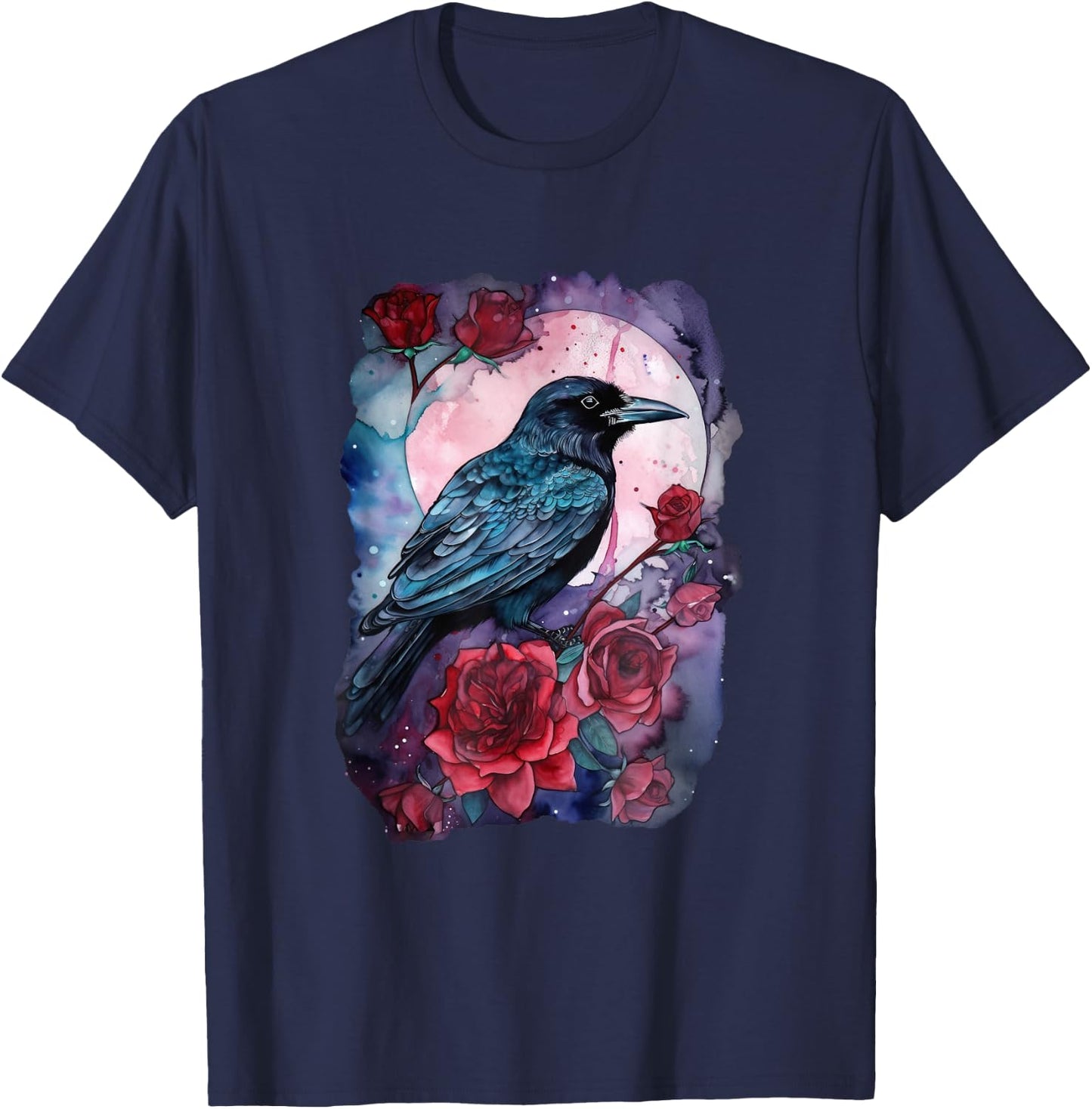 Mystical Raven and Roses - Whimsigoth Art T-Shirt - T-Shirt | Navy