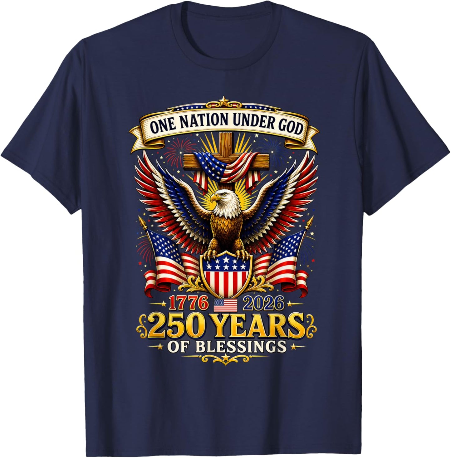 One Nation Under God 1776 2026 Patriotic USA Flag T-Shirt - T-Shirt | Navy