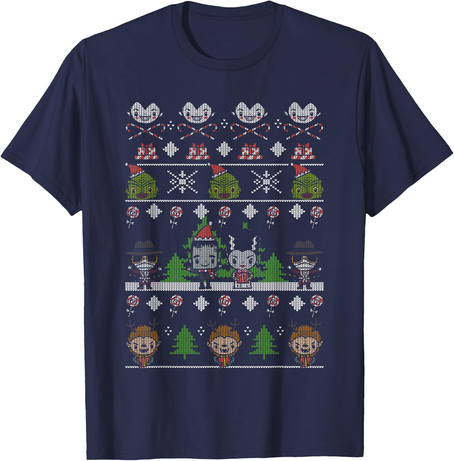 Universal Monsters Christmas Group Ugly Sweater Style T-Shirt - T-Shirt | Navy